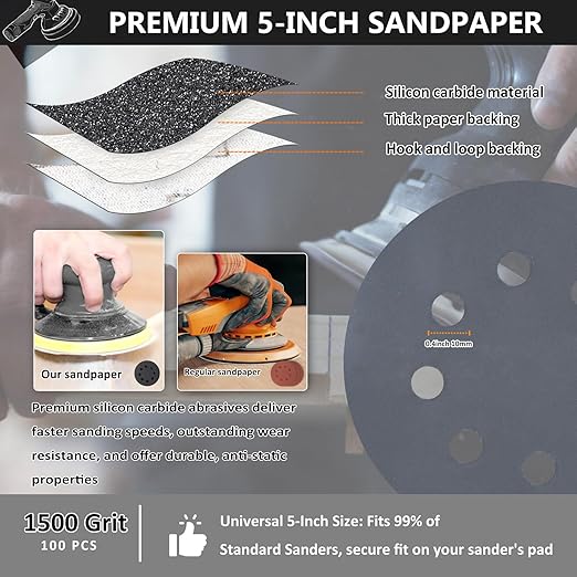 100PCS 5 Inch Hook and Loop Sanding Discs 1500 Grit, 8 Hole Wet Dry Orbital Sander Sand Paper, Silicon Carbide Sandpaper for Automotive Wood Metal Glass