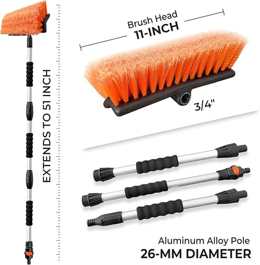 51" Car Wash Brush with Long Handle, Flow-Thru Soft Bristle Car Washing Brush with Extendable Handle and Hose Attachment and On/Off Switch for Car, RV, SUV, Truck, Boat, House Siding