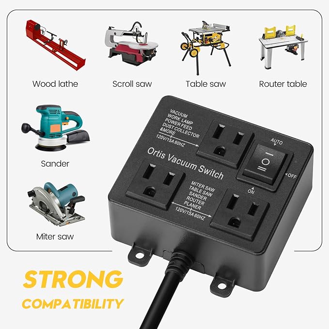 Automatic Vacuum Switch, Ortis Vacuum Switch for More Power Tools, Delay Vacuum On/Off to Prevent Circuit Overload and Tripping, Keep Your Workplace Cleaner, Better for Your Lung, Black