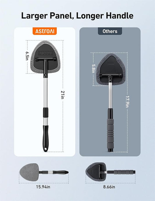 AstroAI Windshield Cleaning Tool, Car Window Cleaner Windshield Cleaner with 8 Reusable and Washable Microfiber Pads and Extendable Handle Auto Inside Glass Wiper Kit, Gray, 2 Pack