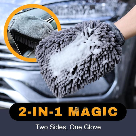 Premium Car Wash Mitts (2-Pack), Scratch-Free 2-in-1 Dual-Side Chenille Microfiber Gloves for Auto Detailing, Safe on Paint, Glass, Chrome – for Cars, Trucks, SUVs, RV & Motorcycle (Grey)