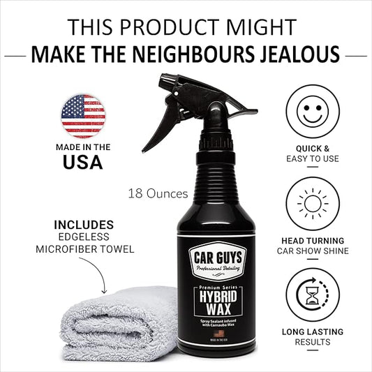 CAR GUYS Hybrid Spray Wax | Advanced Car Wax | Long Lasting and Easy To Use | Safe on All Surfaces | 18 Oz Kit with Towel