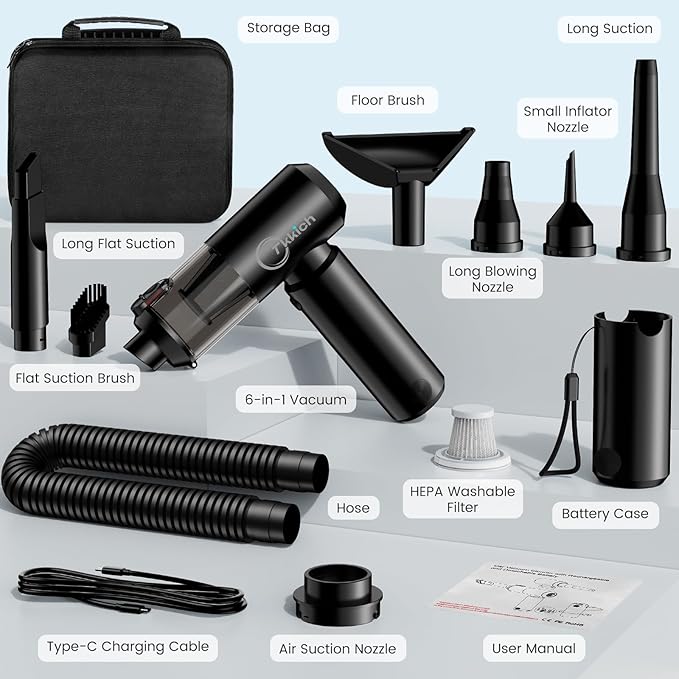 Tkkich Car Vacuum Portable Cordless with Removable Battery as 35W Power Bank, 6-in-1 Handheld Vacuum Blower Set,18000PA Mini Vacuum Cleaner 6000mAH with Brushless Motor for Car Home - 2 Batteries