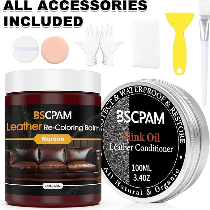 BSCPAM 12oz Leather Recoloring Balm & 3.4oz Mink Oil Leather Conditioner kit,Maroon Leather Color Repair Kits for Couches, Leather Couch Paint Scratch Repair for Furniture Car Sofa Shoes Leather Dye