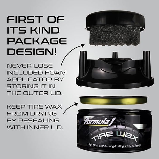 Formula 1 Tire Wax - Long Lasting Tire Gel for Black Glossy Tires, Water Resistant, Restores Plastic Trim, Foam Applicator Included, 10oz