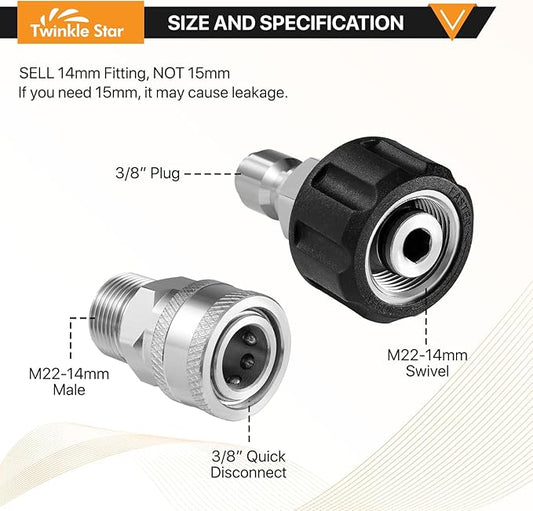Twinkle Star Pressure Washer Adapter Set, Stainless Steel Quick Disconnect Kit, M22 14 mm Quick Connect Swivel to 3/8'' Quick Connect Fittings, 3/4" to Quick Release 8 Sets
