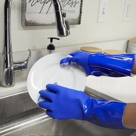 2 Pairs Rubber Household Cleaning Gloves for Kitchen Dishwashing, Cotton Lined (Blue)