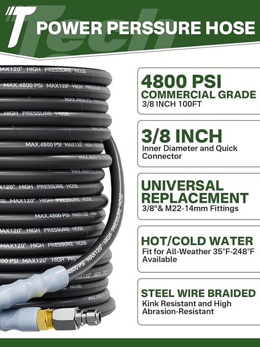 3/8" 4800PSI Pressure Washer Hose 100FT with Swivel Quick Connect for Cold/Hot Water Max 248°F, Kink Resistant Steel Wire Braided, Wear Resistant Power Washer Hose with M22 14mm Adapter