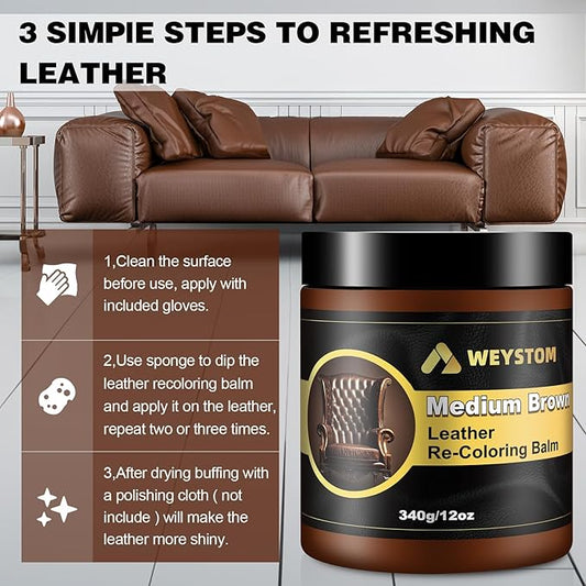 WEYSTOM Leather Recoloring Balm, 12oz Large Size Leather Dye, Color Restorer, Scratch Repair, Furniture & Couch Restorer Kit, Repair Kit for Furniture(Medium Brown)