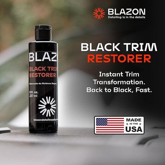 BLAZON Black Trim Restorer – Dye-Infused Plastic Restorer for Faded Exterior Trim, Deep Black Finish, Scratch Correction, Long-Lasting Durability & UV Protection - 8 oz