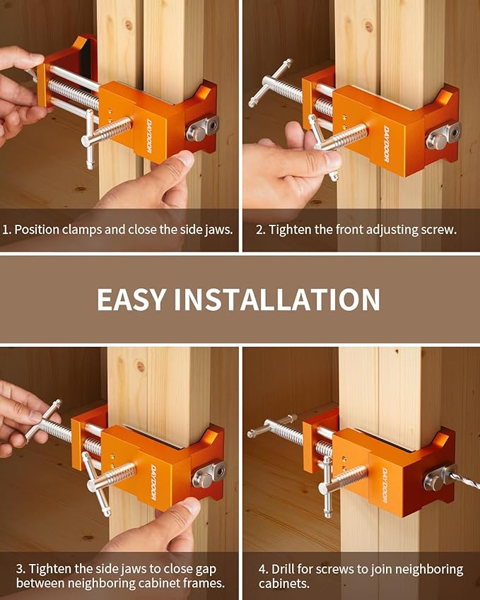 DAYDOOR Professional Cabinet Clamps 2 Pack, Heavy-Duty Cast Steel, Integrated Drill Guide & EVA Protection, Face Frame Alignment Tool for Cabinet Installation & Woodworking, Orange