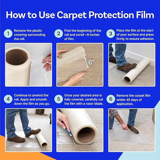 TapeManBlue Carpet Protection Film, 48 inch x 500 Foot roll, Self Adhesive Plastic Carpet Protector Film with Clean Removal & Easy Unwind, Strong and Durable Covering for Construction