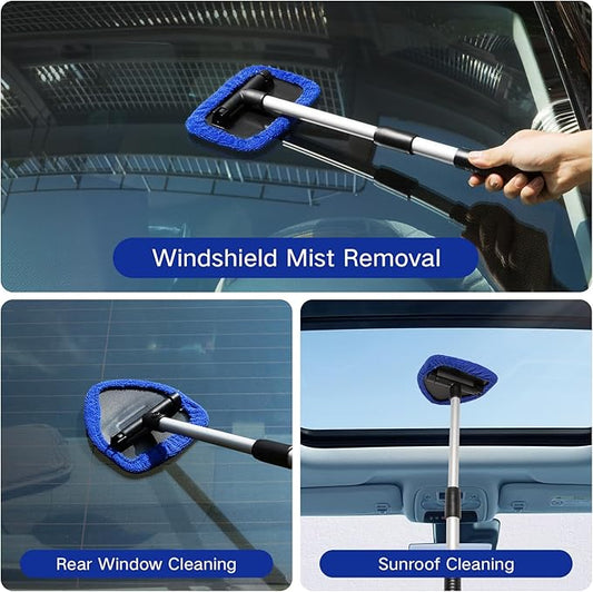 Qydipclin 10pcs Windshield Cleaning Tool Inside Car Window Cleaner Wash Kit with 4 Reusable Microfiber Pads 1 Spray Bottle and Extendable Handle Interior Auto Glass Wiper Kit, Multicolor