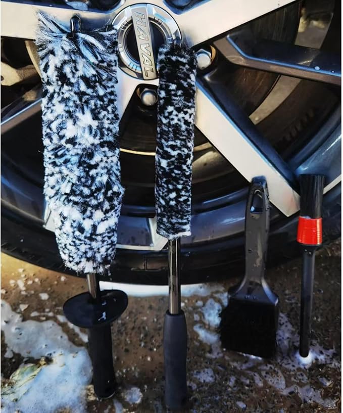 DEKADONS 4PCS Wheel Brush Kit for Cleaning Wheel and Tire, Wheel and Rim Brush, Car Detailing Brushes, 360 Degree Bendable & Durable Car Wheel Rim Cleaner Brush Set (Grey)