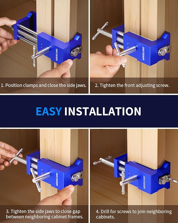 DAYDOOR Professional Cabinet Clamps 4 Pack, Heavy-Duty Cast Steel, Integrated Drill Guide & EVA Protection, Face Frame Alignment Tool for Cabinet Installation & Woodworking, Blue