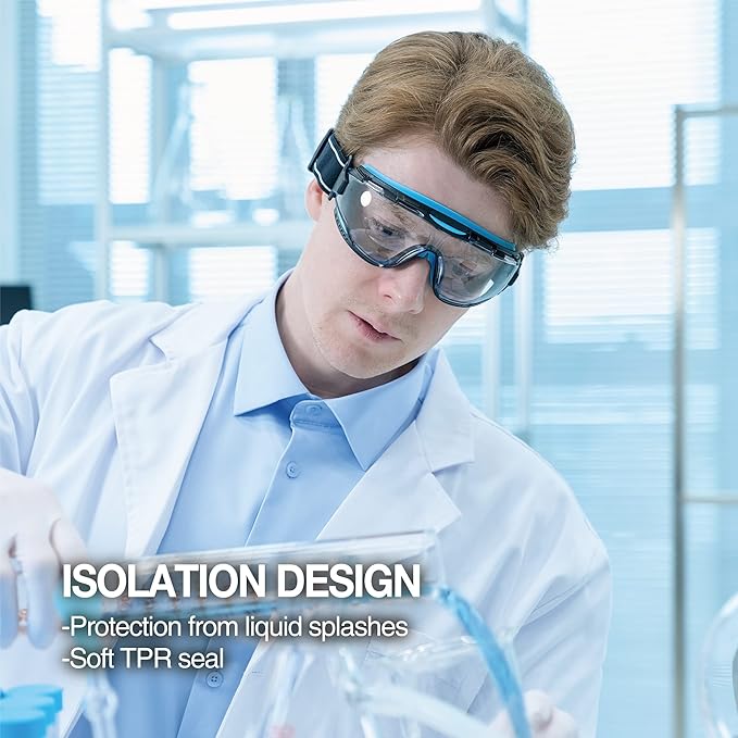 DEX FIT Protective Safety Goggles SG220N; 3x Anti Fog & Scratch, Z87 Eye Protection for Lab, Science, and Chemistry Work, Adjustable for Women and Men, (Black & Orange Frame, Clear Lens, 30cm Strap)