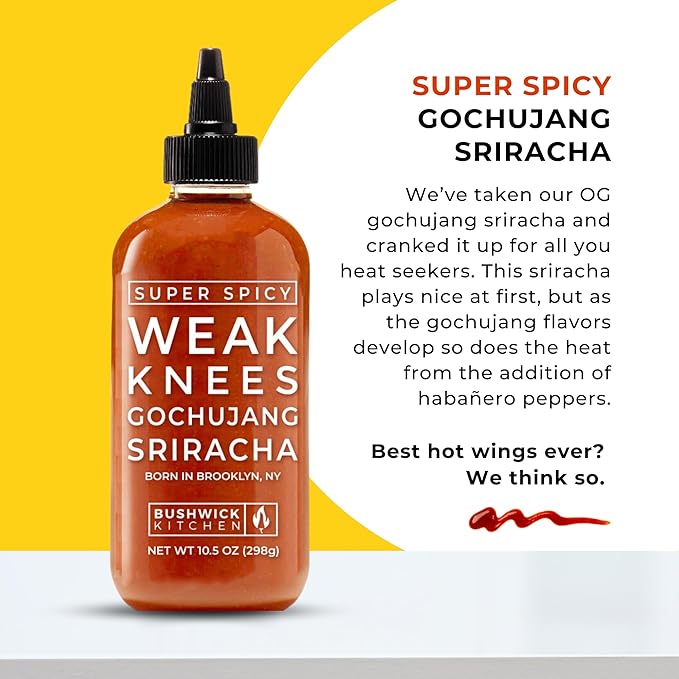 Bushwick Kitchen Sriracha Sampler Gift Box, Set Includes Gochujang Sriracha, Super Spicy Gochujang Sriracha, Curry Sriracha Hot Sauce, 5 Recipes, Chile Pepper Dish Towel, and Bushwick Kitchen Gift Box