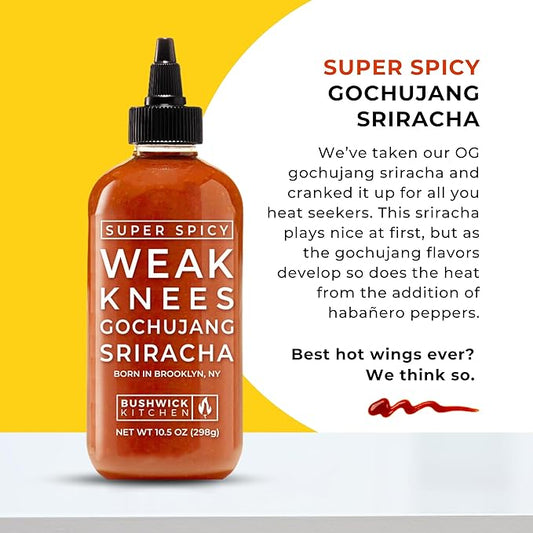 Weak Knees Super Spicy Gochujang Sriracha Hot Sauce, Bold Korean Gochujang Paste with a Kick & Fiery Heat from Habanero Peppers, Made in the USA, 10.5oz Squeeze Bottle
