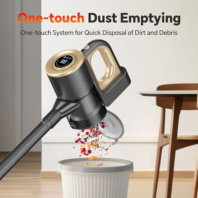 Cordless Vacuum Cleaner, Powerful Suction Vacuum Cleaners for Home, Stick Vacuum Cordless Rechargeable with LED Screen and 3-Speed Suction, Lightweight Vacuum for Hard Floors Carpets Pet Hair, Gold