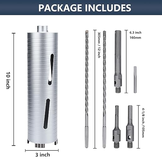 3 inch Diamond Dry Core Drill Bit, 10" Drilling Depth, 5/8"-11 Thread Core Drill Bit for Concrete Masonry Brick Block, Includes 3 Adapters SDS Plus, SDS Max and Hex (3 inch)