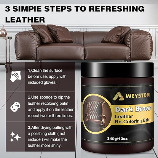 WEYSTOM Leather Recoloring Balm, 12oz Large Size Leather Dye, Color Restorer, Scratch Repair, Furniture & Couch Restorer Kit, Repair Kit for Furniture(Dark Brown)