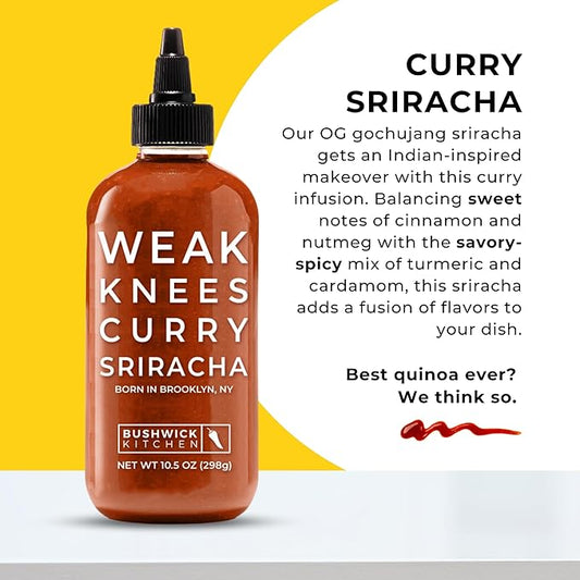 Weak Knees Curry Sriracha Hot Sauce, Infused with Aromatic Curry Spices, Bold Korean Gochujang Paste & Classic Sriracha, Made in the USA, 10.5oz Squeeze Bottle