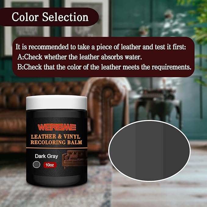 WERBME Leather Recoloring Balm & Color Restorer - 10 OZ Multipurpose Dye & Paint for Faded Leather Couches, Car Seats, Shoes | Fix Scratches on Clothing, Furniture & Accessories(Dark Gray)