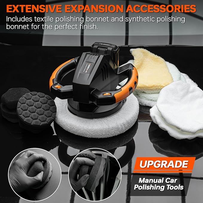 THINKWORK Buffer Polisher, 20V Cordless Buffer Polisher, 10 Inch Portable Polishing Machine Kit for Car, 2Pcs 2Ah Rechargeable Battery, 6 Variable Speed 1500-3600RPM,Double handle,Ideal for Car Waxing