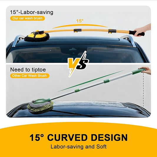 15° Curved Car Wash Brush with 43" Telescopic Handle – Microfiber Chenille Car Wash Mop for RV, SUV, Truck & Boat – Soft, Scratch-Free Extendable Cleaning Tool (Yellow&Black)