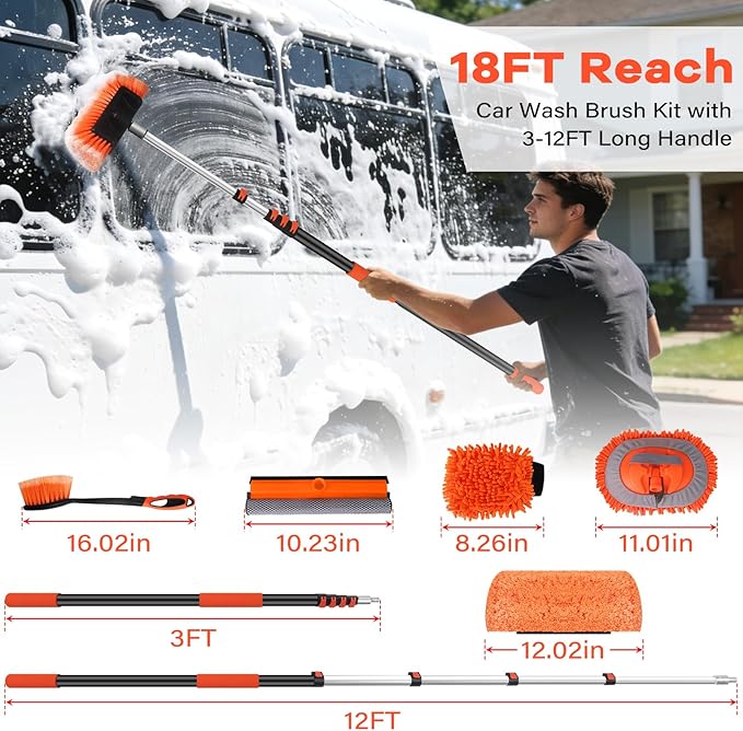 18FT Reach Car Wash Brush with Long Handle,Scratch-Free Soft Bristle Car Cleaning Kit with 3-12FT Extension Pole,Microfiber Clean Mop,Window Squeegee,Mitt,Wheel Brush for RV,Truck,SUV,Siding Washing
