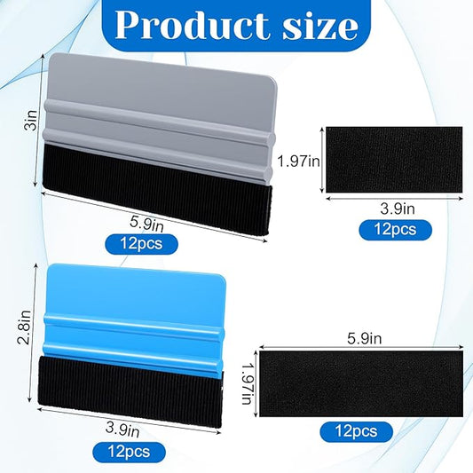 24 Pack Vinyl Wrap Squeegee, 4 Inch and 6 Inch Felt Edge Squeegee Tool with Replacement Felts Fabric, Blue and Gray Window Film Tint Applicator for Car Wrap, Decals, Wallpaper Installation