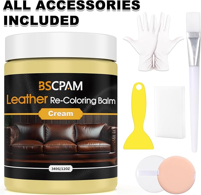 BSCPAM Cream White Leather Recoloring Balm, 12oz Leather Color Restorer for Couches, Leather Repair Kit for Furniture, Leather Dye for Leather Fade, Leather Repair Restore car seat