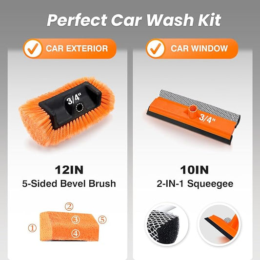 12" Car Wash Brush with Soft Bristle + 10" 2 in 1 Windshield Cleaner Squeegee, Ideal Combination for RV Truck Boat Camper Heavy Duty Tri-Level Dip Wash Brush Car Exterior Washing