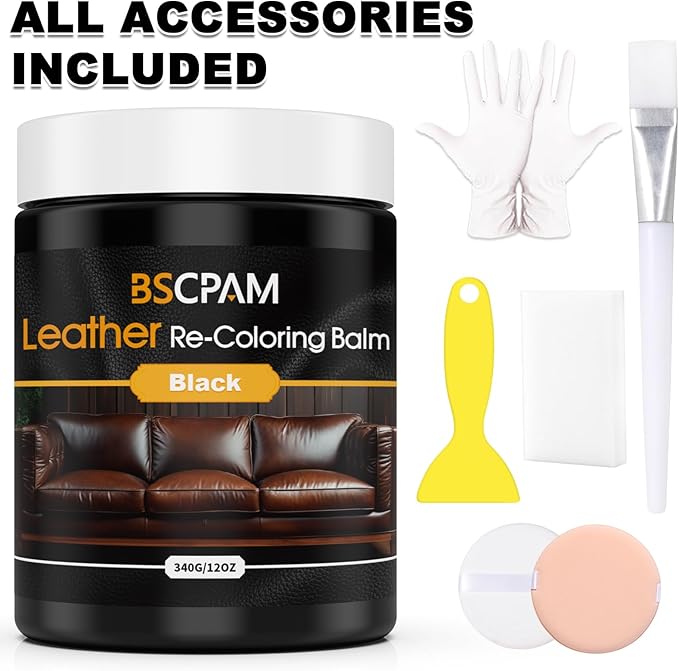 BSCPAM Black Leather Recoloring Balm, 12oz Leather Color Restorer for Couches, Leather Repair Kit for Furniture, Leather Dye for Leather Fade, Leather Repair Restore car seat