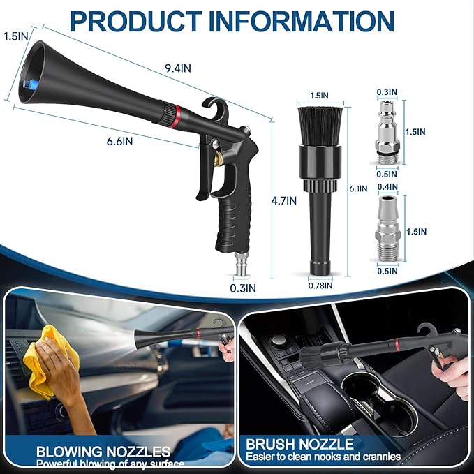 Senduzll Tornado Car Cleaning Gun, Dry Car Detailing Tools, Aluminum Alloy Bearing Nozzlefor, Car Quickly Blasts Dirt and Dust Works with Air Compressor (Black)
