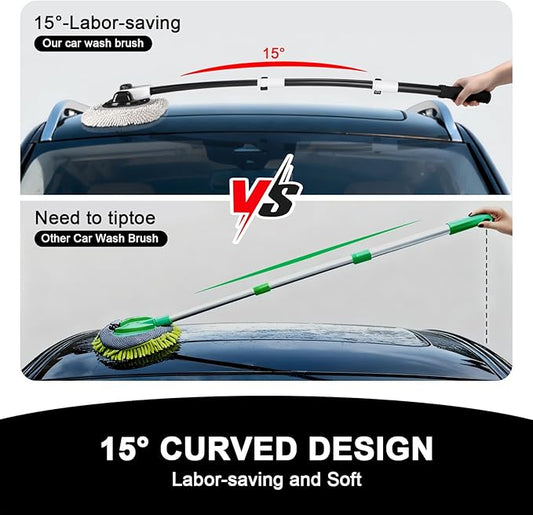 15° Curved Car Wash Brush with 43" Telescopic Handle – Microfiber Chenille Car Wash Mop for RV, SUV, Truck & Boat – Soft, Scratch-Free Extendable Cleaning Tool (White&Black)