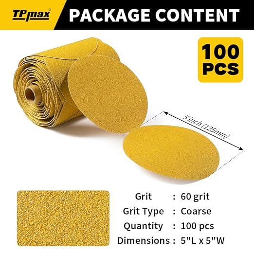 100PCS 5 Inch PSA Sanding Discs 60 Grit | Self-Adhesive Sandpaper Roll for DA Sanders, Orbital Sander | Gold Aluminum Oxide Sticky Back Abrasive Discs for Automotive, Woodworking, and Metal Polishing