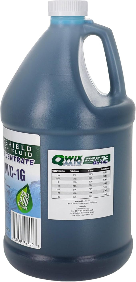 Qwix Mix 1-Gallon Windshield Washer Fluid Concentrate, Makes 500 Gallons, Biodegradable Bug, Grime & Dirt Remover Fluid, Commercial-Grade Streak-Free Glass Cleaner for Cars, Trucks & Fleets