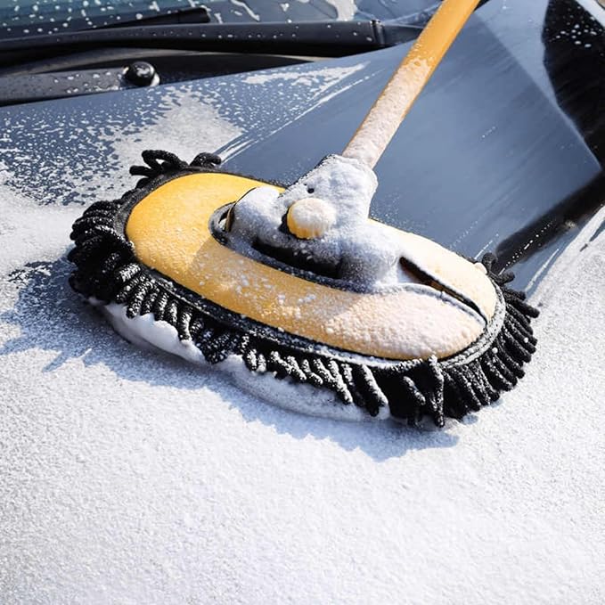 15° Curved Car Wash Brush with 43" Telescopic Handle – Microfiber Chenille Car Wash Mop for RV, SUV, Truck & Boat – Soft, Scratch-Free Extendable Cleaning Tool (Yellow&Black, Mop Refill Cover)