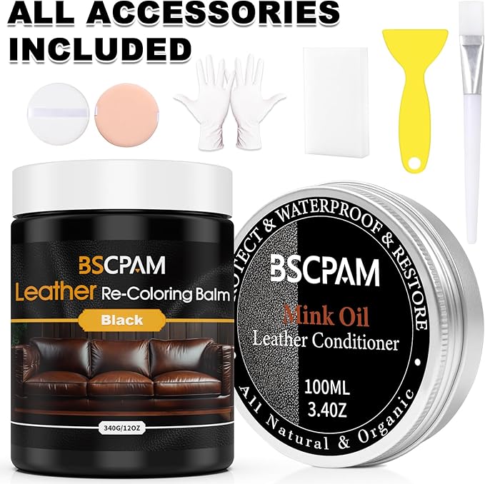 BSCPAM 12oz Leather Recoloring Balm & 3.4oz Mink Oil Leather Conditioner kit,Black Leather Color Repair Kits for Couches, Leather Couch Paint Scratch Repair for Furniture Car Sofa Shoes Leather Dye