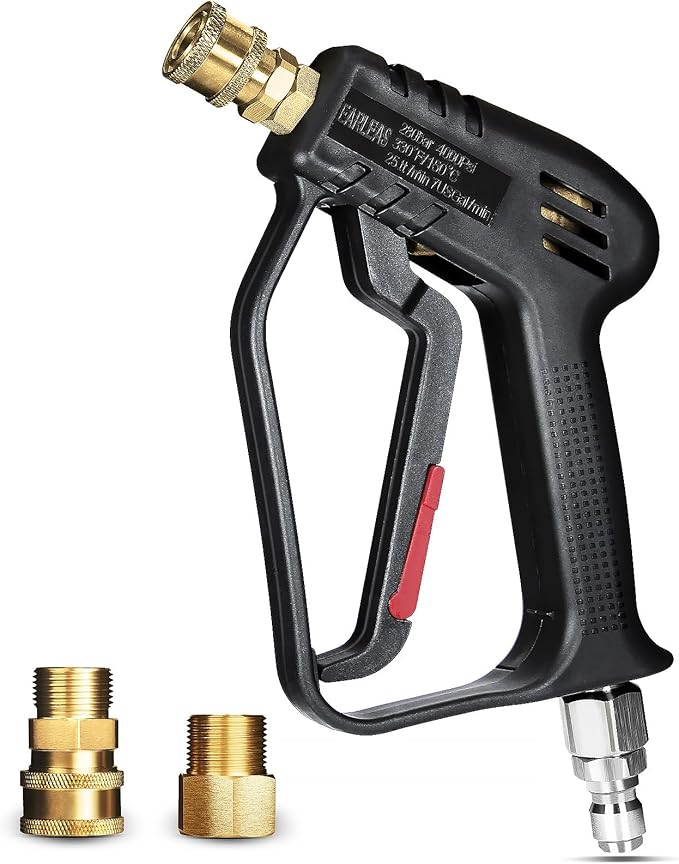 Short Pressure Washer Gun with Swivel, Anti-Tangle Design, Max 4000 PSI, Heavy Duty, 3/8" QC & M22 14/15mm Inlet, 1/4" Quick Connect Outlet for Car Detailing