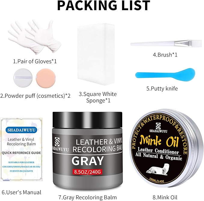 SHADAIWUYU 8.5oz Leather Recoloring Balm with 100ml Mink Oil,Gray Leather Repair kit for Furniture and Car Interior,Leather Couch Scratch Repair,Leather Dye Paint,Mink Oil for Leather