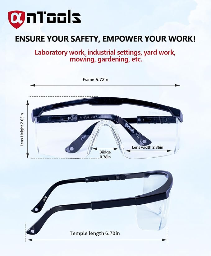 AnTools 2 Pack ANSI Z87+ Safety Glasses, Anti-Fog, Scratch-Resistant, Adjustable Temples, Clear Protective Eyewear, Lab Goggles