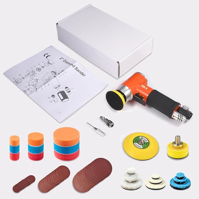 ZHONG AN 1/2/3 in Mini Orbital Sander Pneumatic da sander Polisher Smooth and Swirl Freely for Auto Body Work Wood working with 18Pcs 1/2/3in Polishing Sponge & Wool Pads, 30Pcs Sandpapers(Orange)
