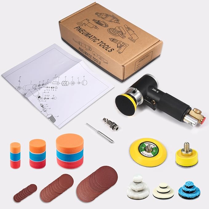 ZHONG AN 1'' 2'' 3'' Mini Orbital Sander da sander Air Dual Action Sander High Speed Pneumatic Mini Sanders Includes 18Pcs 1/2/3in Polishing Sponge & Wool Pads, 30Pcs Sandpapers (BLACK)