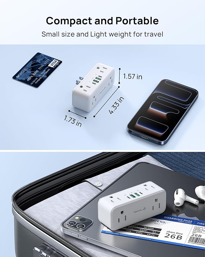 TROND Electrical Outlet Extender, 6 AC Outlet Splitter with 360° Rotating Plug, Multi Plug Adapter with PD 20W USB C, 2 USB-A & 2 USB-C, 3 Way Wall Extension Adapter for Home Office Travel Dorm
