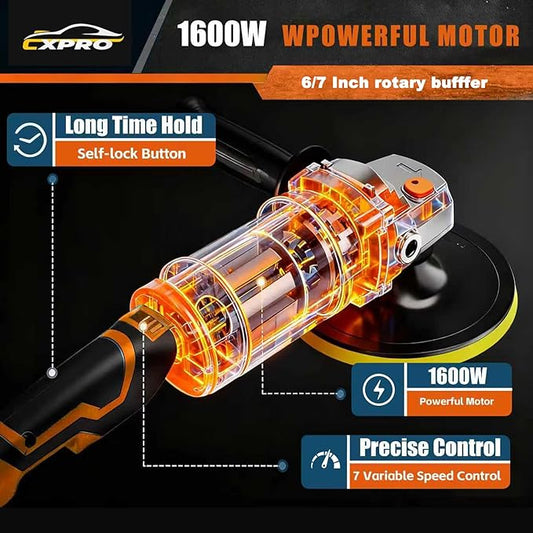 35pcs Buffer Polisher Kit, 1600W Rotary Polisher With 6Inch/7 Inch Pads , 7-Speed 1000-3500 RPM, Detachable Handle For Car, Boat Sanding, Polishing, Waxing