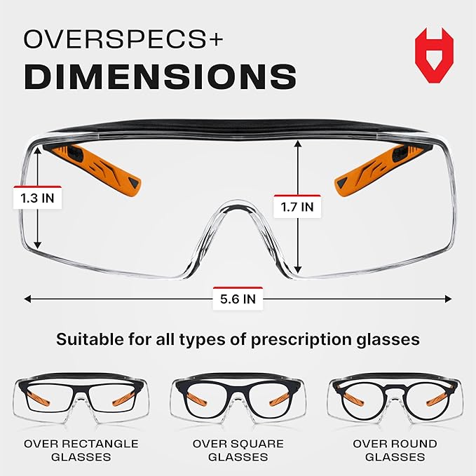 NoCry Safety Glasses That Fit Over Your Prescription Eyewear. Clear Anti-Scratch Wraparound Lenses, UV400 Protection, ANSI Z87 & OSHA Certified. Use in the Lab, Travelling, Black & Orange (10-pack)