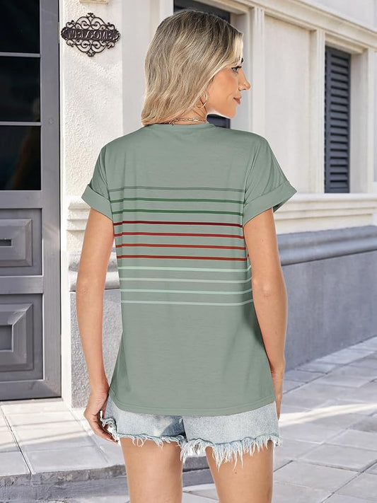Womens Summer Tops Short Dolman Sleeve Crew Neck Striped Shirts Spring 2026 Fashion Beach Vacation Clothing