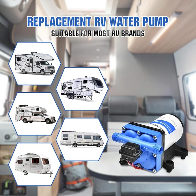 DC HOUSE 42 Series RV Water Pump Replacement Quiet 12V 3.5GPM 55PSI, 12 Volt Water Diaphragm Pressure Pump Self Priming with Bypass for Reduced Cycling Transfer Fresh Salt Liquid Yacht Trailer Truck